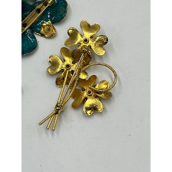 Set of three Floral Flower Mixed Brooch Wearable Lot Jewelry Blue Teal Gold tone - Picture 10 of 10